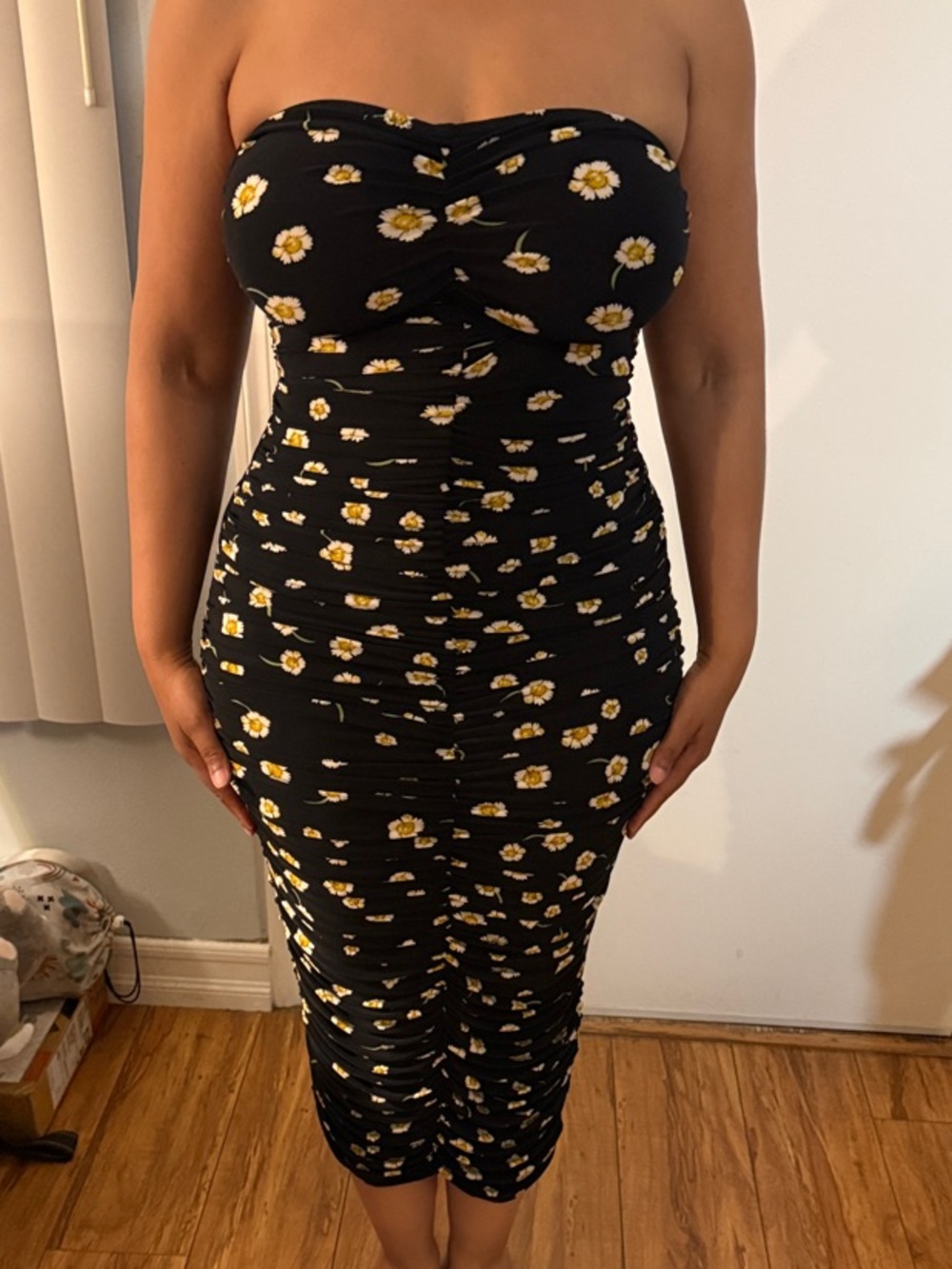 Norma Kamali Black Strapless Midi Dress with Yellow Daisy Print